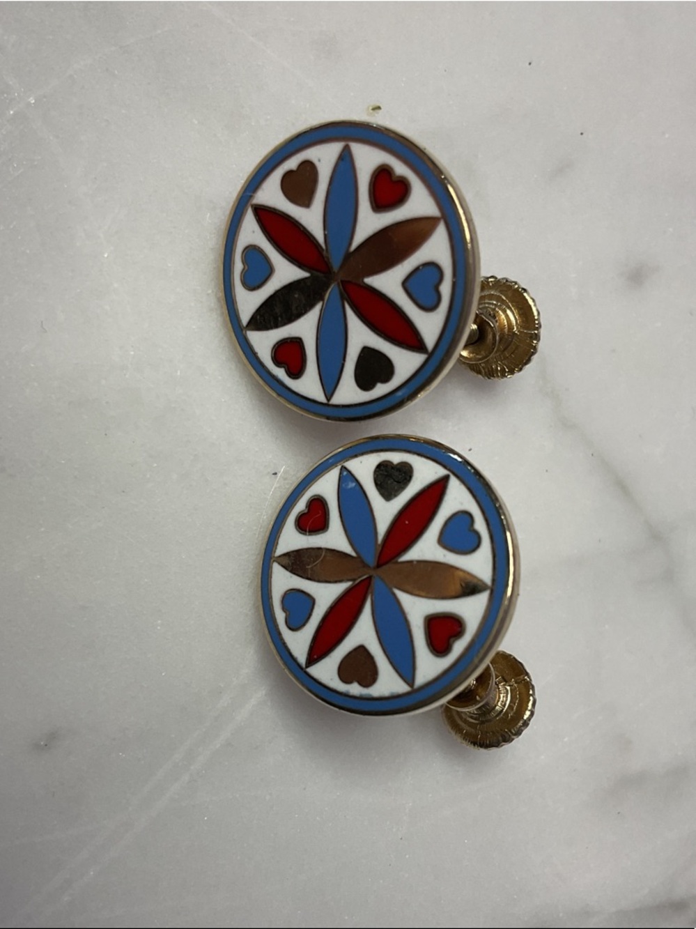 Vintage Enamel Round Decorative Screw-Back Earrings - Red, Blue, Brown, Black